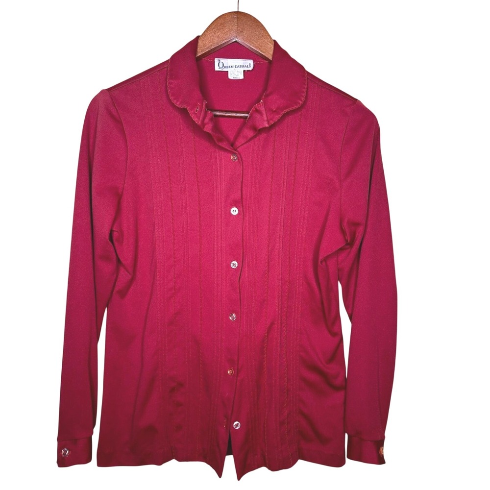 Queen Casuals Burgundy Red Pintuck Long Sleeve Button Up Top Small